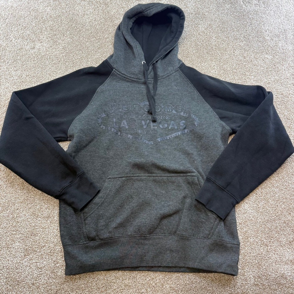Las Vegas Raglan Hoodie Mens Small Charcoal Black Sweatshirt Souvenir
